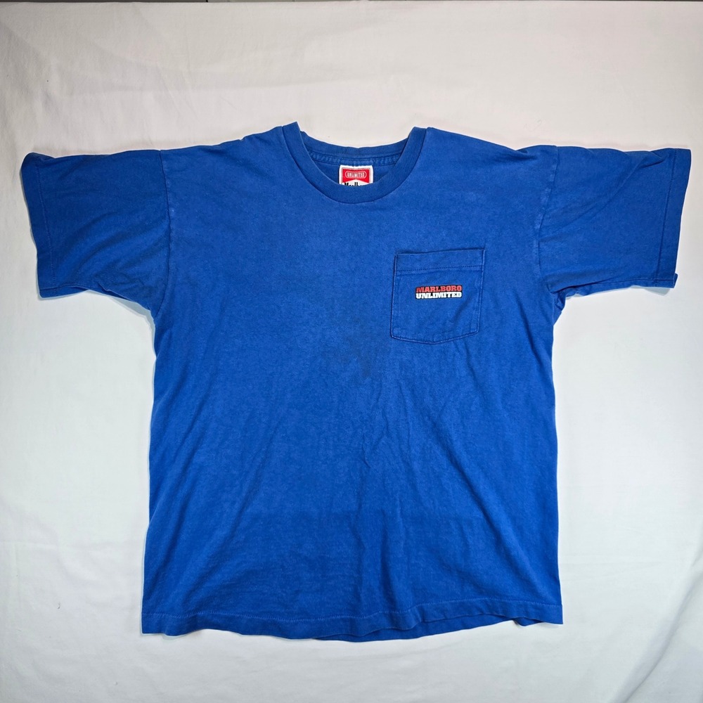 Vintage Marlboro Unlimited Wolf Howling Moon Blue Pocket T-Shirt USA Made OSFA